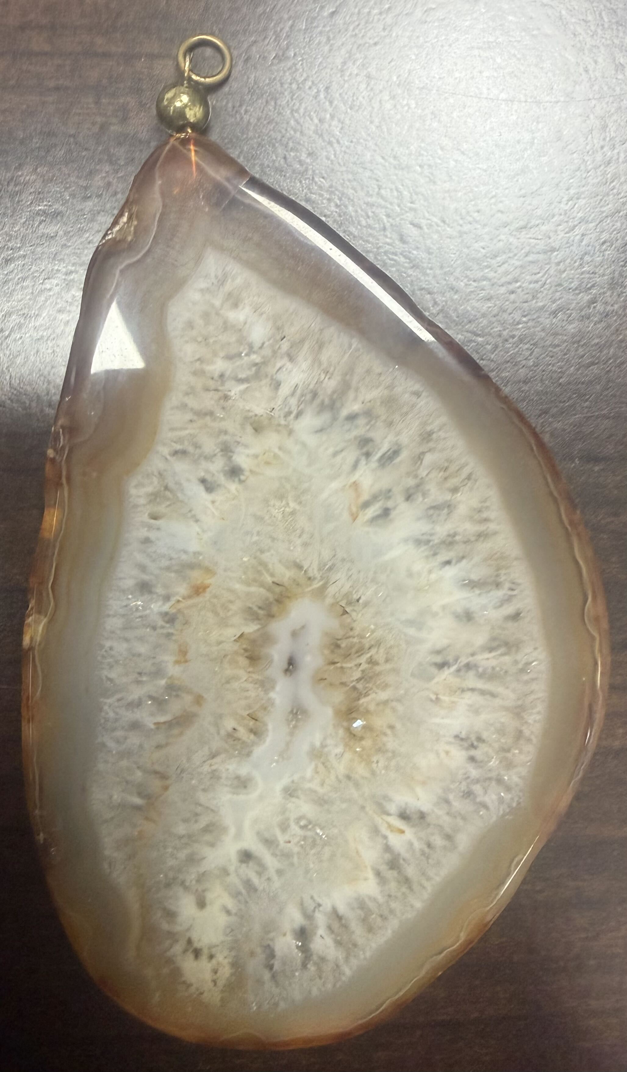 Large Agate Slice Pendant Natural Geode Druzy Crystal Brown Cream Gold Tone Bail