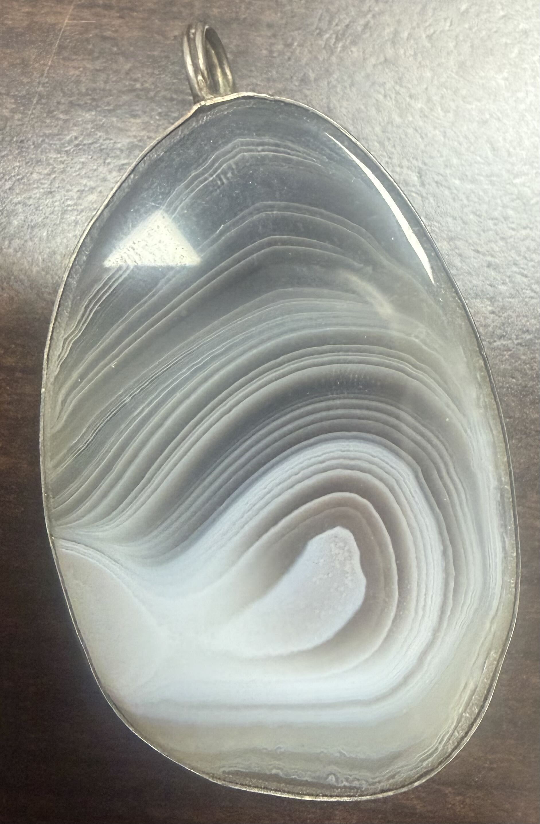  Large Banded Agate Pendant Gray White Chalcedony Polished Stone Silver Tone Bail