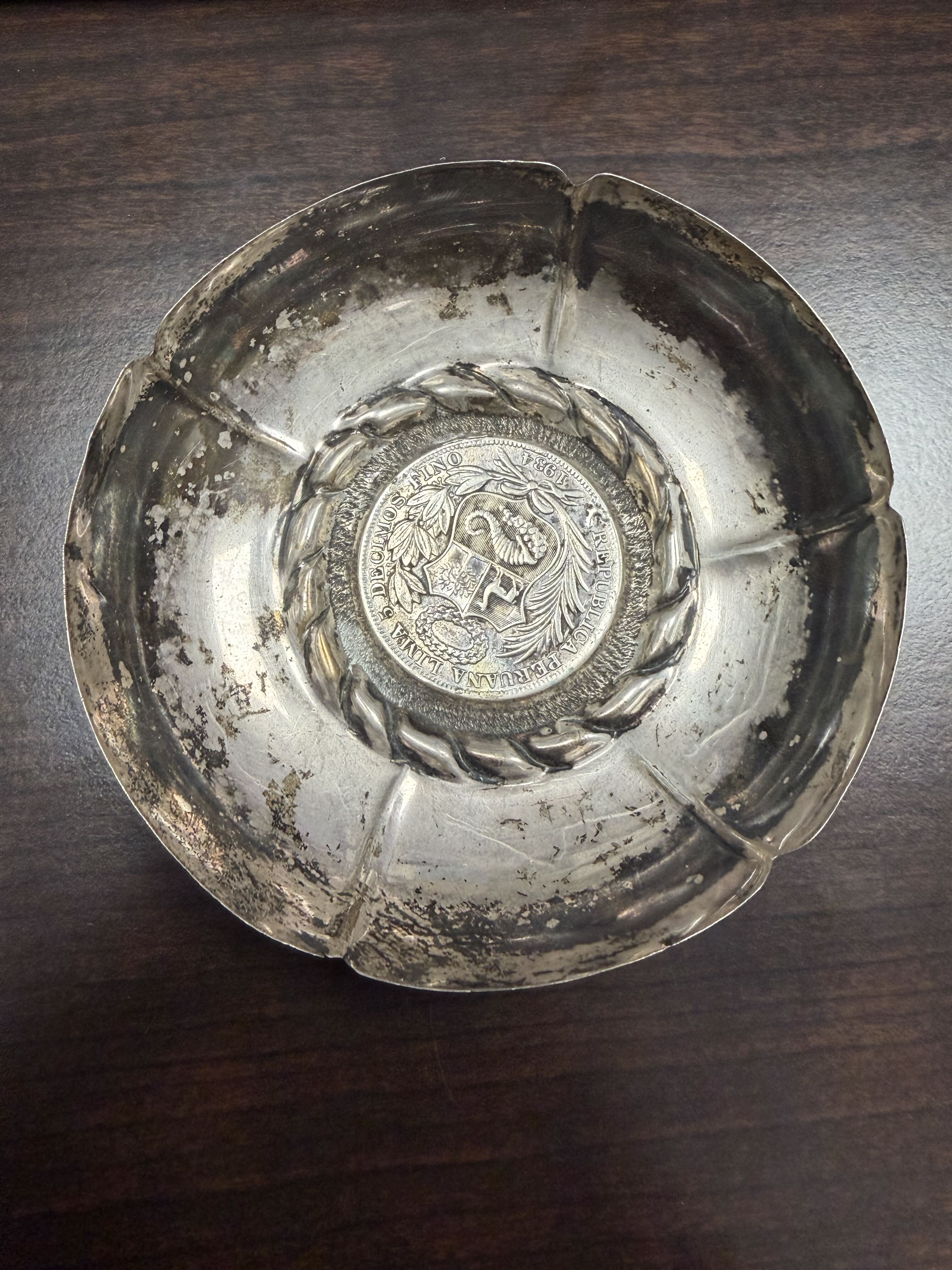 Sterling Silver Peru 1 Sol Coin Tray Ashtray 66.89g 1.65 Oz ASW Vintage