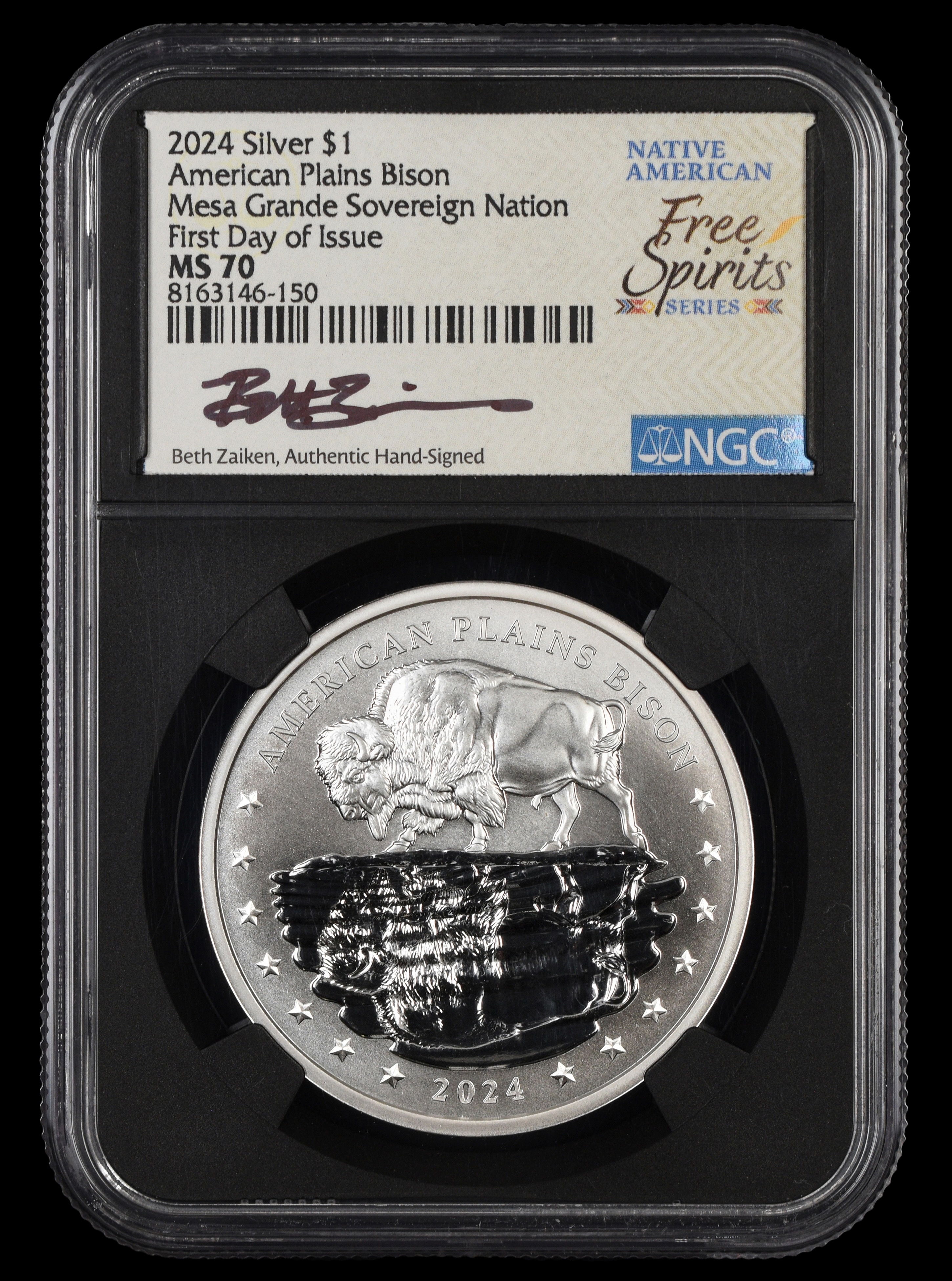2024 Mesa Grande Sovereign Nation $1 American Plains Bison NGC MS70 FDOI Beth Zaiken Signed Label