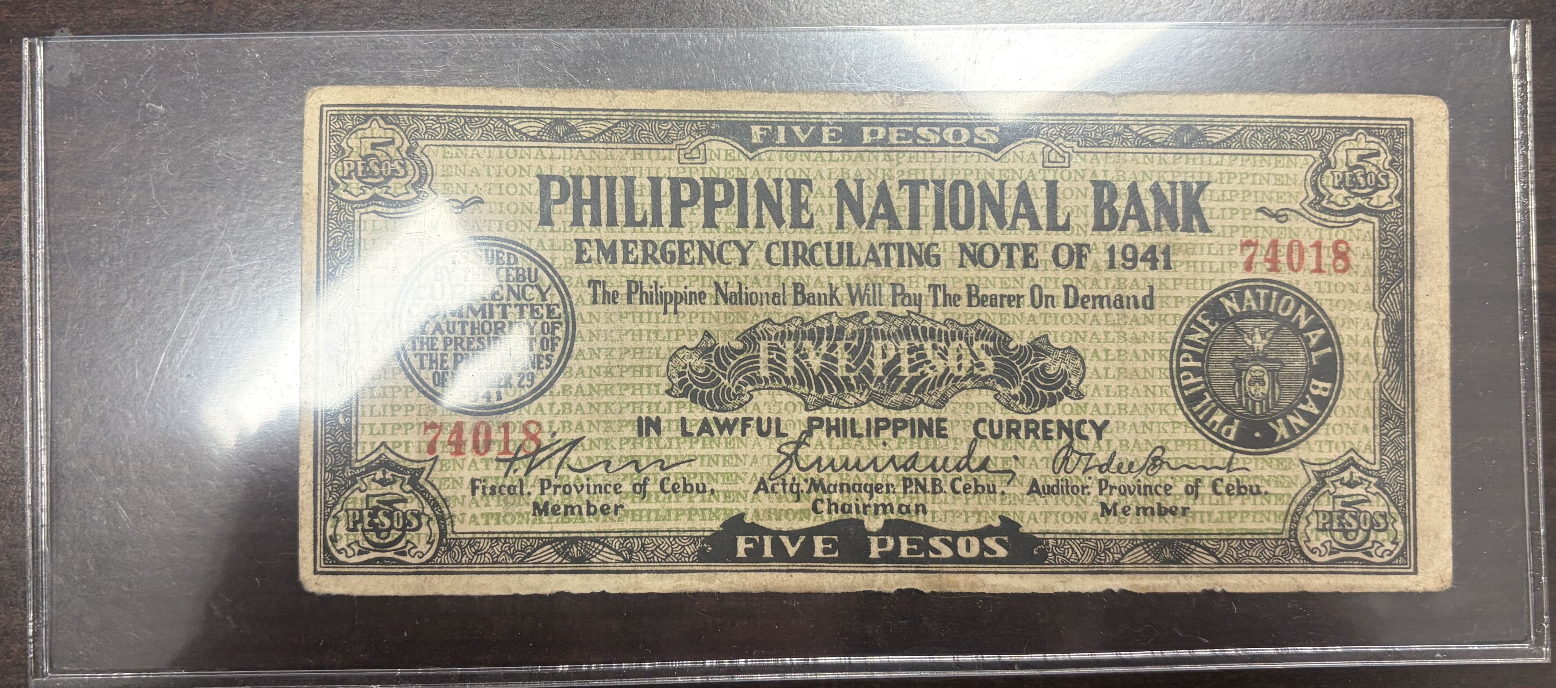1941 Philippines 5 Pesos Cebu Emergency Circulating Note P-S216b WWII Currency