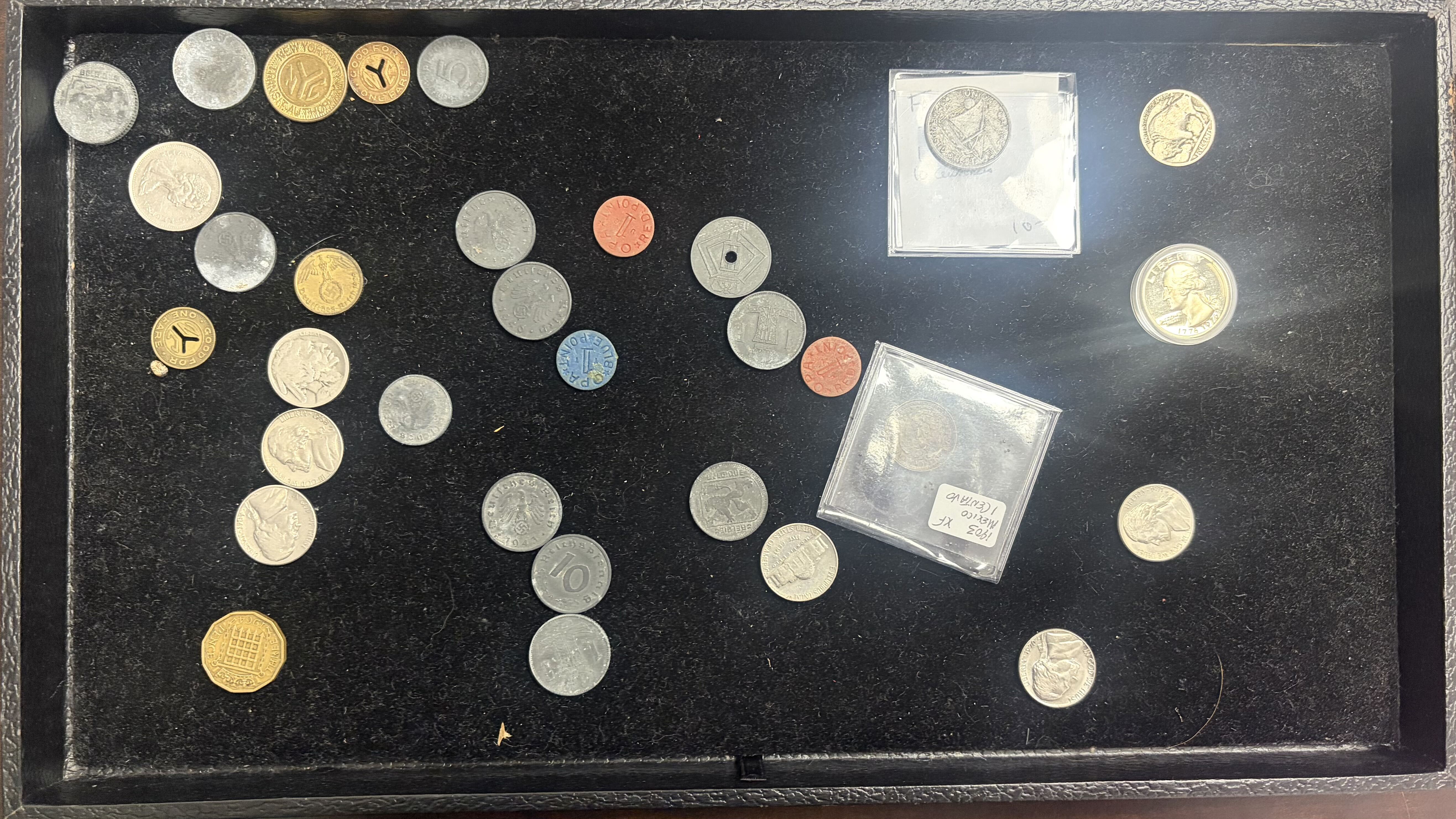 Mixed World Coin, US, & Token Lot Vintage Foreign Coins Buffalo Nickels Transit Tokens