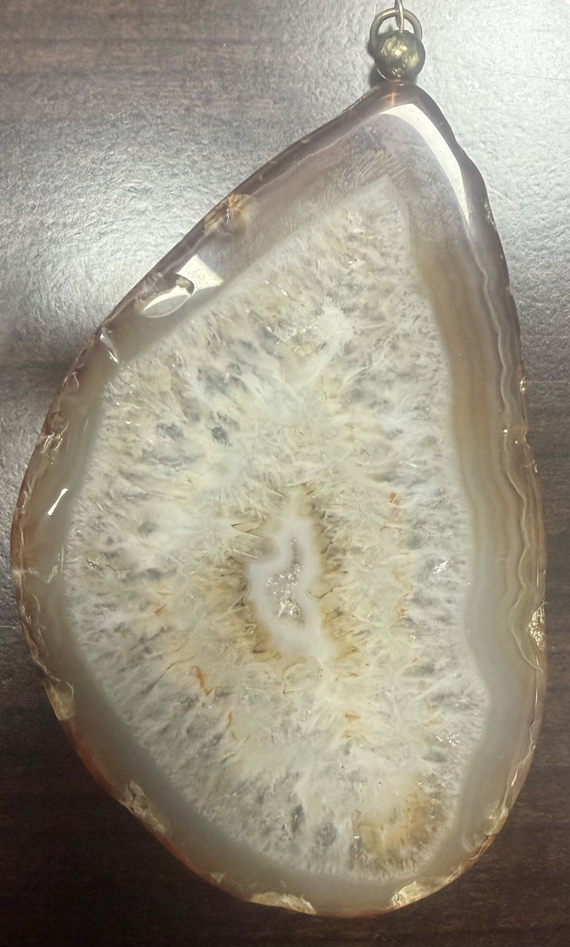 Large Agate Slice Pendant Natural Geode Druzy Crystal Brown Cream Gold Tone Bail