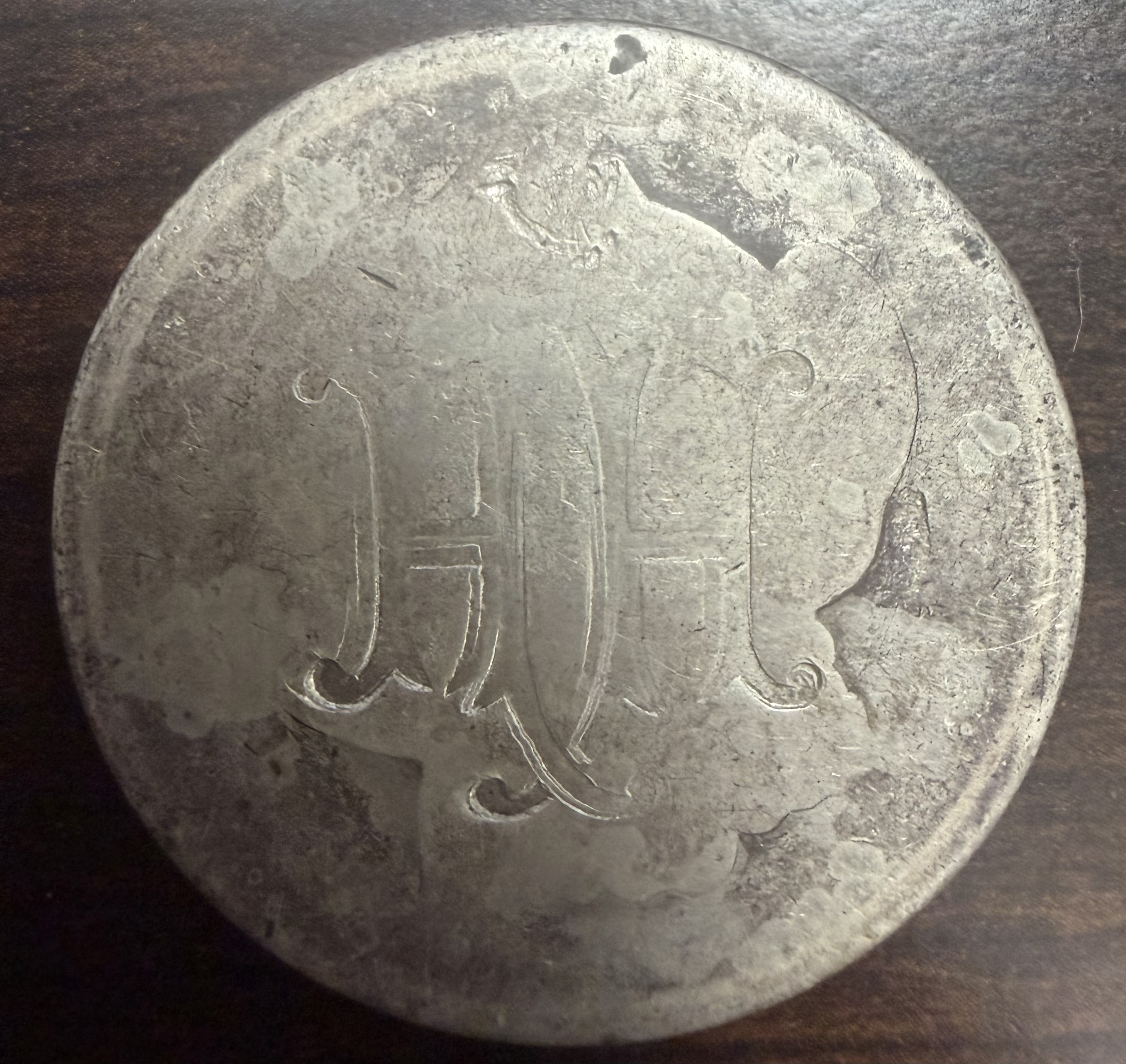Antique Engraved Silver Dollar Love Token Dateless Monogram Damaged