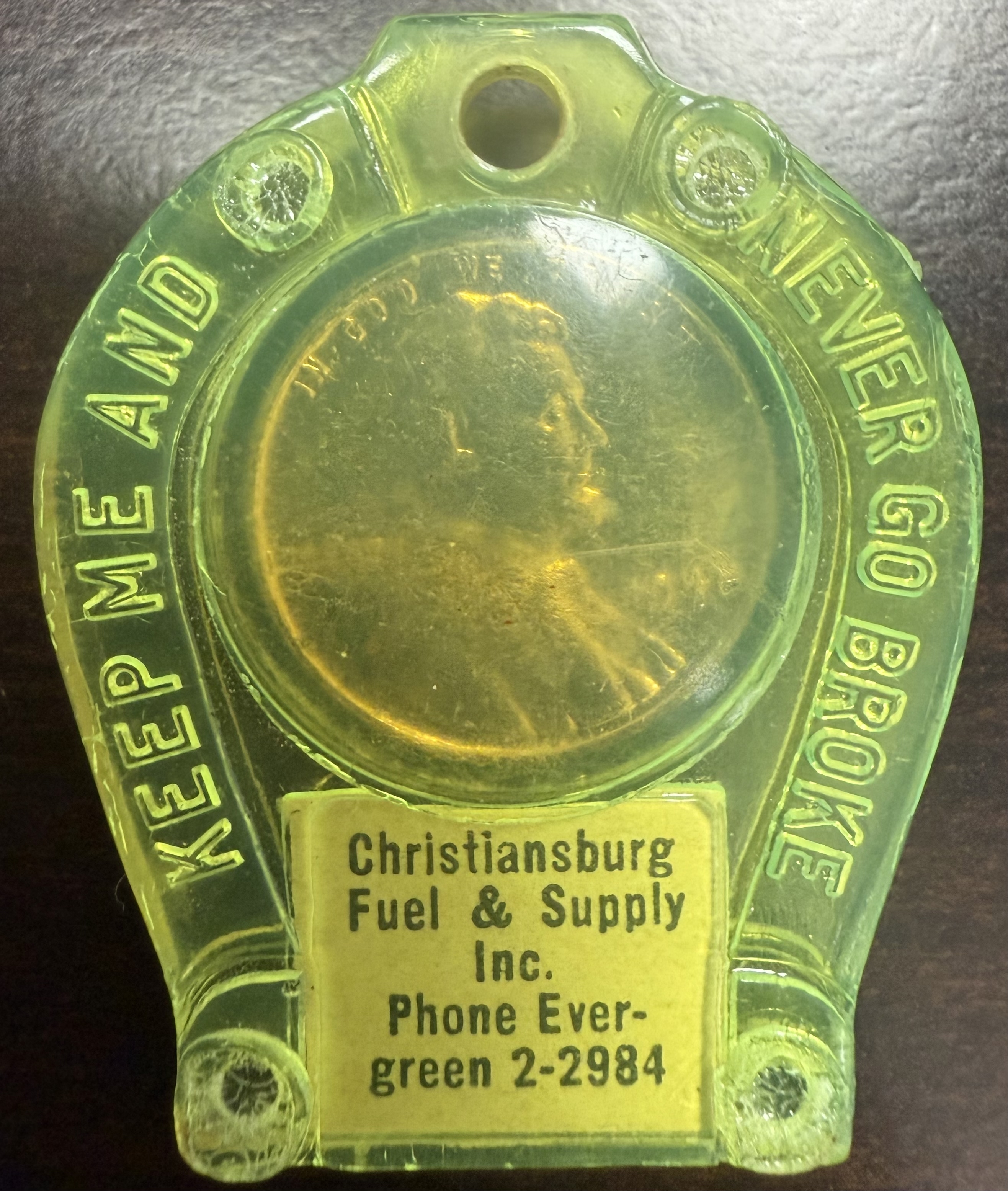 Vintage Christiansburg VA Fuel Supply Encased Penny Green Horseshoe Token
