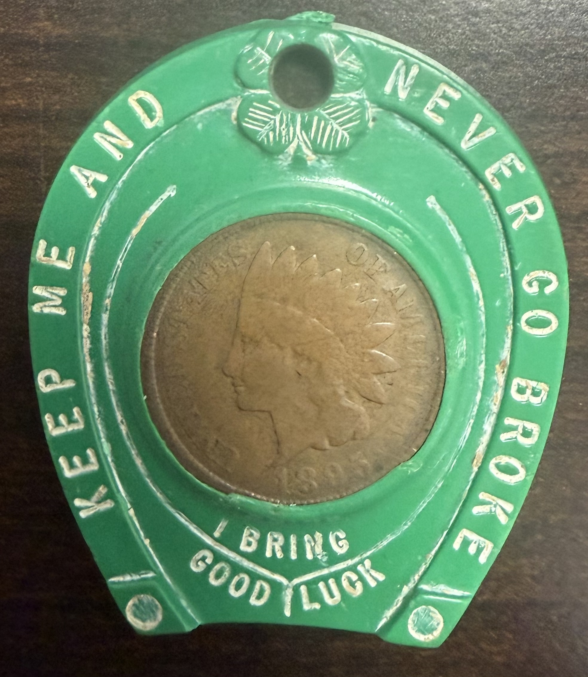 1883 Indian Head Cent Green Horseshoe Lucky Penny Holder Damaged Coin