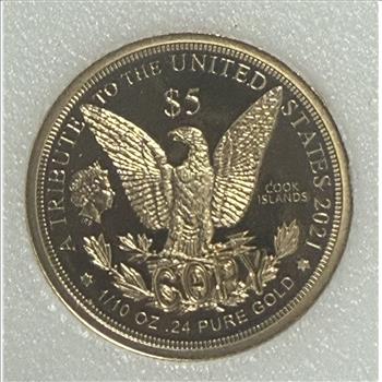 Cook Islands 2021 $5 Gold 1/10oz of .24 Gold Proof Morgan Design