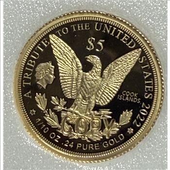 Cook Islands 2022 $5 Gold 1/10oz of .24 Gold Proof Morgan Design