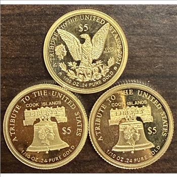 Lot of 3 Cook Islands 2021/2015 $5 Gold 1/10oz of .24 Gold Proof Liberty/Morgan/Eagle Designs
