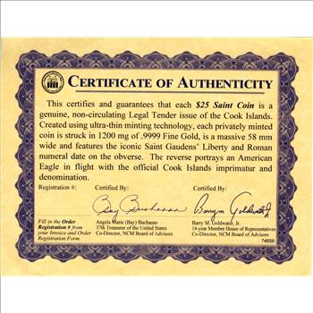 Cook Islands $25 Saint Coin 1200mg of .9999 Fine Gold with/COA