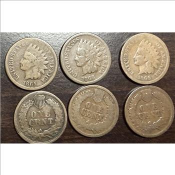 Lot of 6 1865 Indian Head Cents Civil War Era Pennies Plain/Fancy 5 Circulated