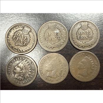 Lot of 6 1865 Indian Head Cents Civil War Era Pennies Plain/Fancy 5 Circulated