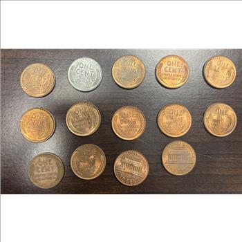 14 Coin Lincoln Penny Lot 1909 Wheat Cent 1943-D Steel 1944-S 1936-1974