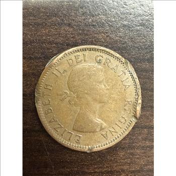 955 Canada 1 Cent Penny Queen Elizabeth II Copper Coin Circulated Damaged Rim