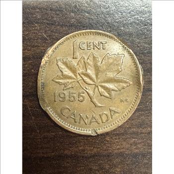 955 Canada 1 Cent Penny Queen Elizabeth II Copper Coin Circulated Damaged Rim