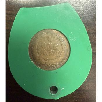  1883 Indian Head Cent Green Horseshoe Lucky Penny Holder Damaged Coin