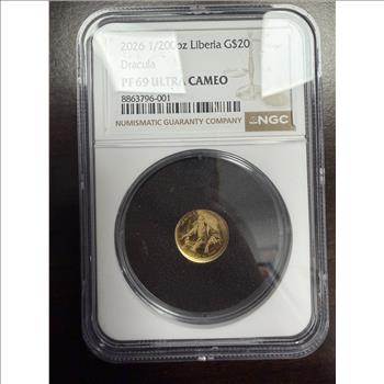 2026 Liberia $20 Dracula 1/200 oz Gold NGC PF69 Ultra Cameo .999 Fine Gold