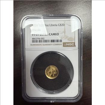 2026 Liberia $20 Dracula 1/200 oz Gold NGC PF69 Ultra Cameo .999 Fine Gold