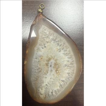 Large Agate Slice Pendant Natural Geode Druzy Crystal Brown Cream Gold Tone Bail