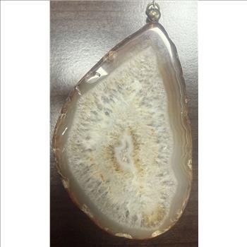 Large Agate Slice Pendant Natural Geode Druzy Crystal Brown Cream Gold Tone Bail