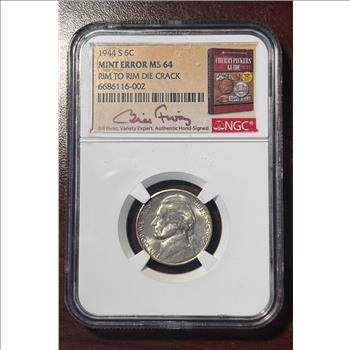 1944-S Jefferson Silver War Nickel NGC Graded MS64 Mint Error Rim to Rim Die Crack Bill Fivaz Hand Signed Label