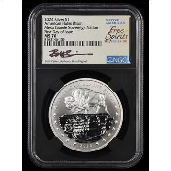2024 Mesa Grande Sovereign Nation $1 American Plains Bison NGC MS70 FDOI Beth Zaiken Signed Label
