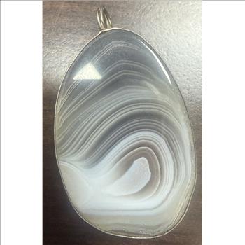 Large Banded Agate Pendant Gray White Chalcedony Polished Stone Silver Tone Bail