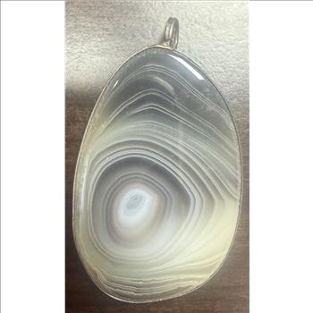 Large Banded Agate Pendant Gray White Chalcedony Polished Stone Silver Tone Bail