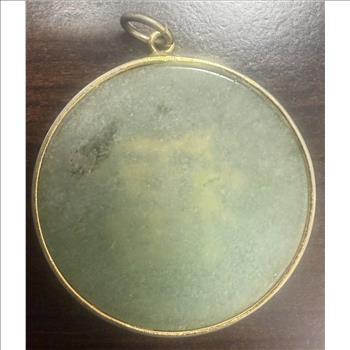 Vintage Green Jade Style Pendant Chinese Fu Good Fortune Symbol Gold Tone Round
