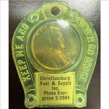 Vintage Christiansburg VA Fuel Supply Encased Penny Green Horseshoe Token