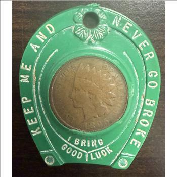 1883 Indian Head Cent Green Horseshoe Lucky Penny Holder Damaged Coin