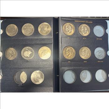 Eisenhower Dollars 1971-1978 Philly, Denver, San Fran Mints. 3 40% Silver Dollars Included Incomplete Book 15 Coins Included