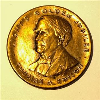 1929 Medal Thomas A. Edison, Golden Lights Jubilee, Inventor of Lightbulb Coin Medal Token