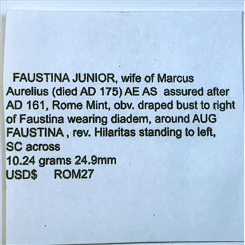 Faustina Jr Wife of Marcus Aurelius (Died 175 AD ) Bronze Asurion Rome