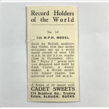 Record Holder of the World 129 MPH Model Cadet Sweets Insert Card 1930s