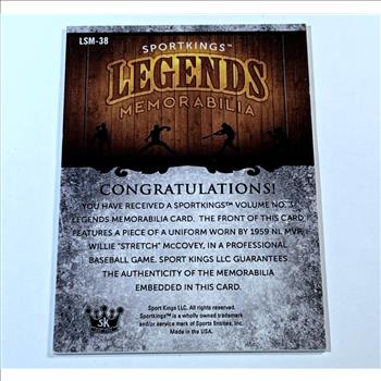 Sport King Legends Game Worn Willie McCovey Jersey Patch Card Authentic Memorabilia