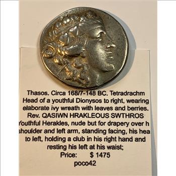 Thasos 166-148 BC Silver Tetradrachm Dionysus God of Wine - Merriment Hercules Club/ Lion skin