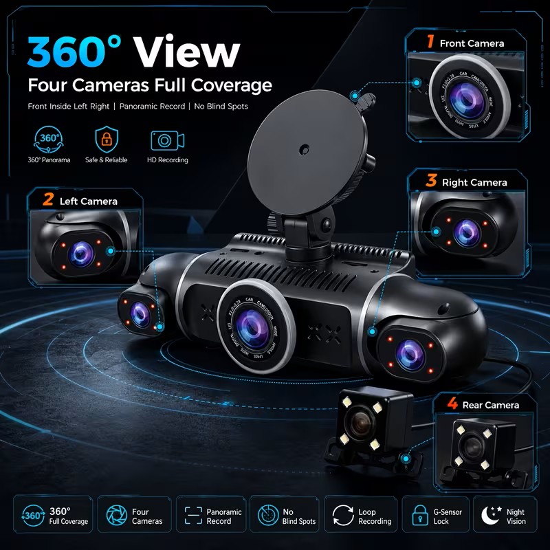 360° Panoramic Car Dash Cam, FHD 1080P, 4 Channel Equipped With 3.0-Inch IPS Display, Infrared Night Vision, Loop Recording Function, Vehicle DVR Recorder, Built-In Wifi, Rechargeable Battery, 32GB Memory Card