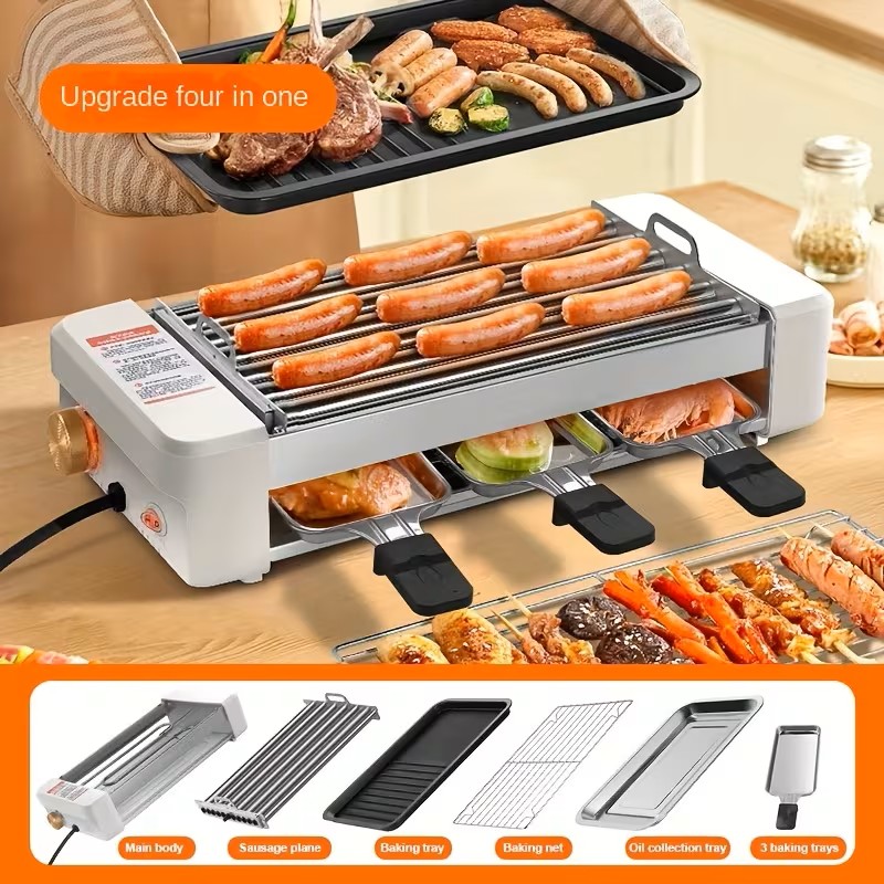 4-in-1 Multi-functional Sausage Grill, With Three-hand Dish And Silicone Oil Brush, Silicone Grill Holder, Non-stick Pan, Countertop, Adjustable Temperature, Detachable Panel, Easy To Clean, Suitable For Kitchens And Dormitories