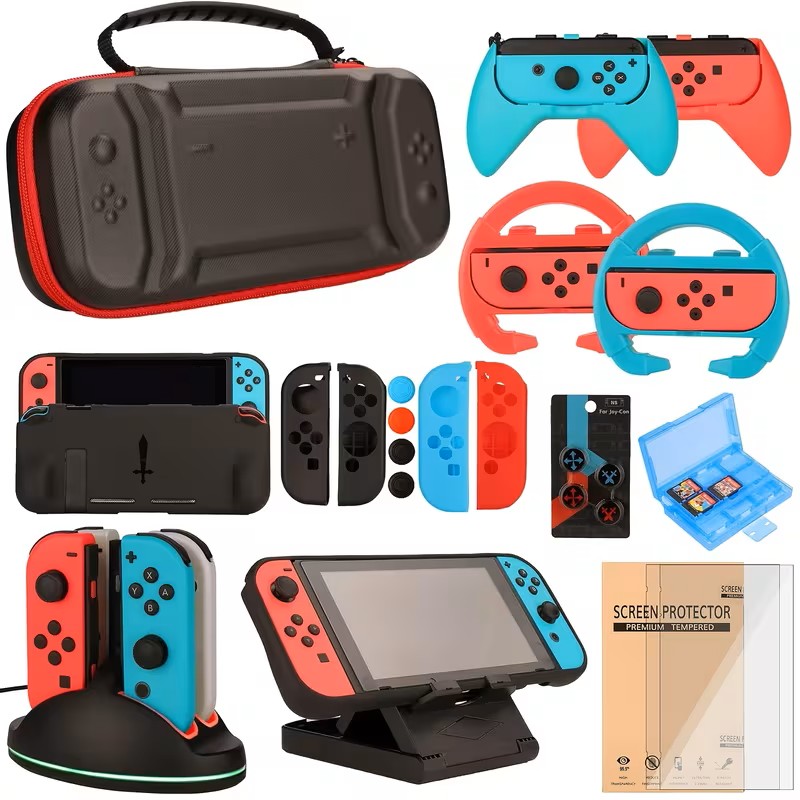 Switch Accessories Bundle for Nintendo Switch Games, Kit with Carrying Case, Steering Wheels, Screen Protectors, Charging Dock, Grips, Caps (23in 1)