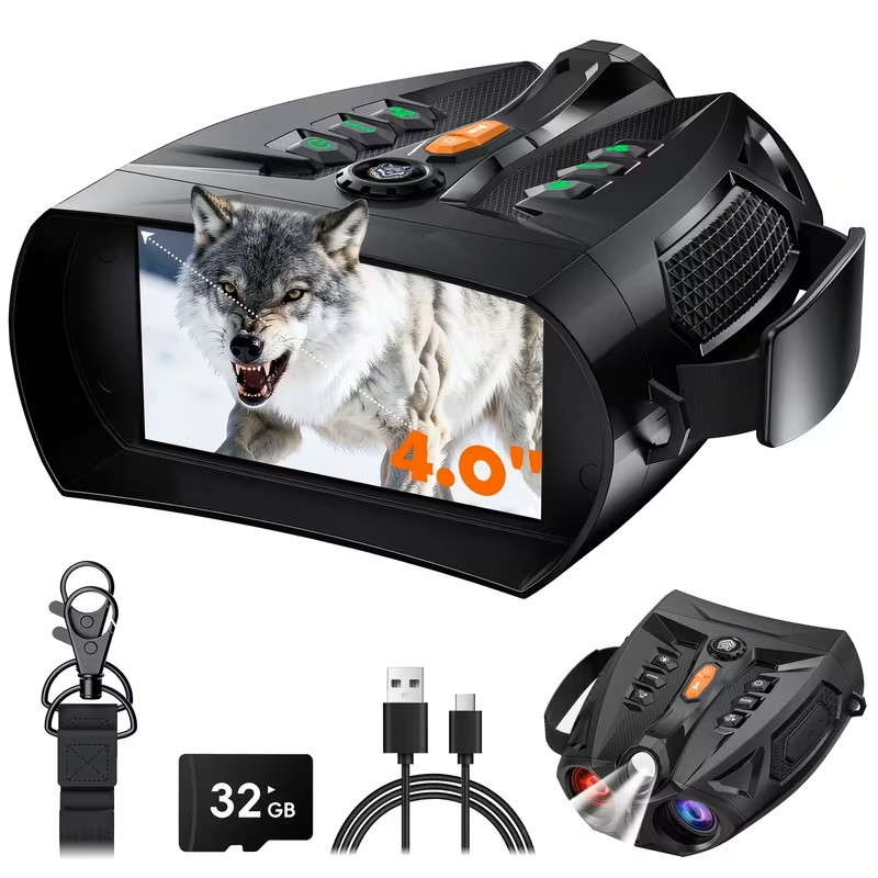 4K Night Vision Binoculars | 4.0" HD Screen, 5000mAh Rechargeable Battery, 64GB TF Card, Infrared, 10X Optical Magnification, PP Material, Green, USB Dual Use, COMS Imaging, 25mm Objective Lens Diameter