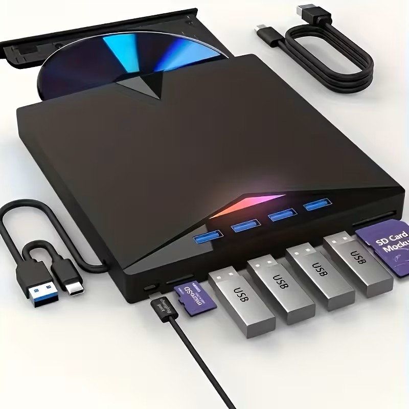7-In-1 USB 3.0 External Dvd Drive with 4 USB Ports & Dual Tf/ Sd Card Readers - High-Speed Cd/ Dvd Burner for Laptops, Macs, Pcs - Compatible with Windows 11/ 10/ 8/ 7 & Linux