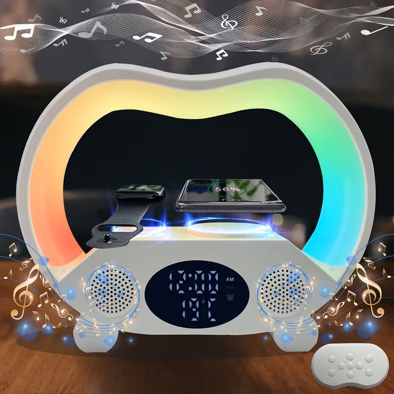 Zishen Night Light with RGB Lights, 6-In-1 Wireless Speaker, Alarm Clock, Wireless Charging for Phone And Watch, Temperature Display