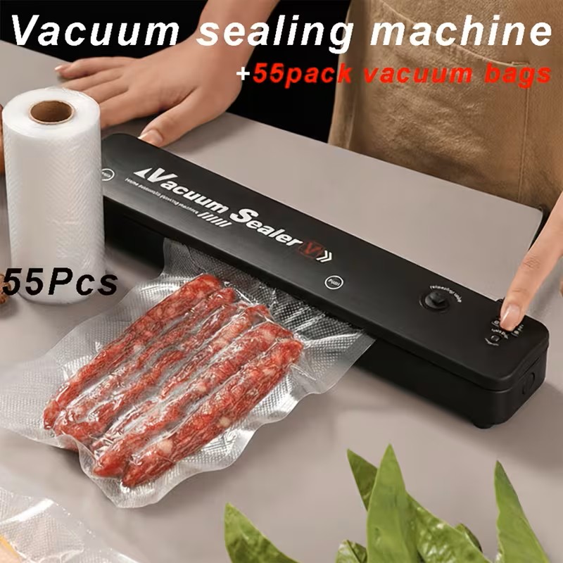 Vacuum Sealing Machine Set, 55 Sealed Bags, for food Preservation And Storage, Suitable For Food Preservation And Storage As Well As Vacuum Low-temperature Cooking, Automatic Vacuum for food Sealing Machine, Convenient Household for food Preservatio