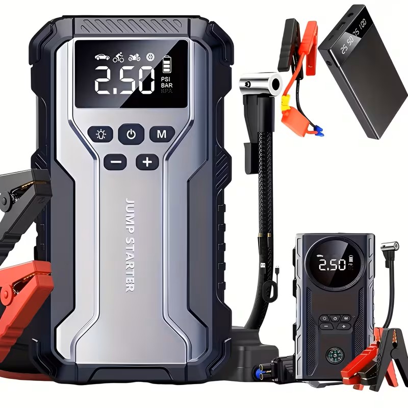 Car Battery Jump Starter, 10, 000mAh Portable Jumper Cable, Jump Starter with Air Compressor, Battery Emergency Start, Portable Peak, 12V (8.0L Gasoline/1.72 Gallon Diesel) Jump Starter for Cars, USB In/out, LED Emergency Lights, Auto Accessory Tools