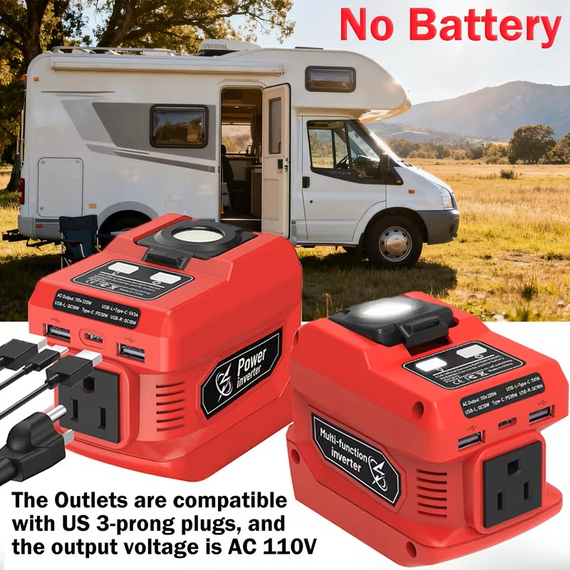 RV 220W Power Inverter Compatible with 18V Battery, DC 18V to AC 110V Portable Power Generator, Inverter with 2 USB Ports 1 Type-C 1 AC Outlet, 400 Lumen Light(Battery Not Included), Gift for Christmas, RV Power Tool Power Inverter