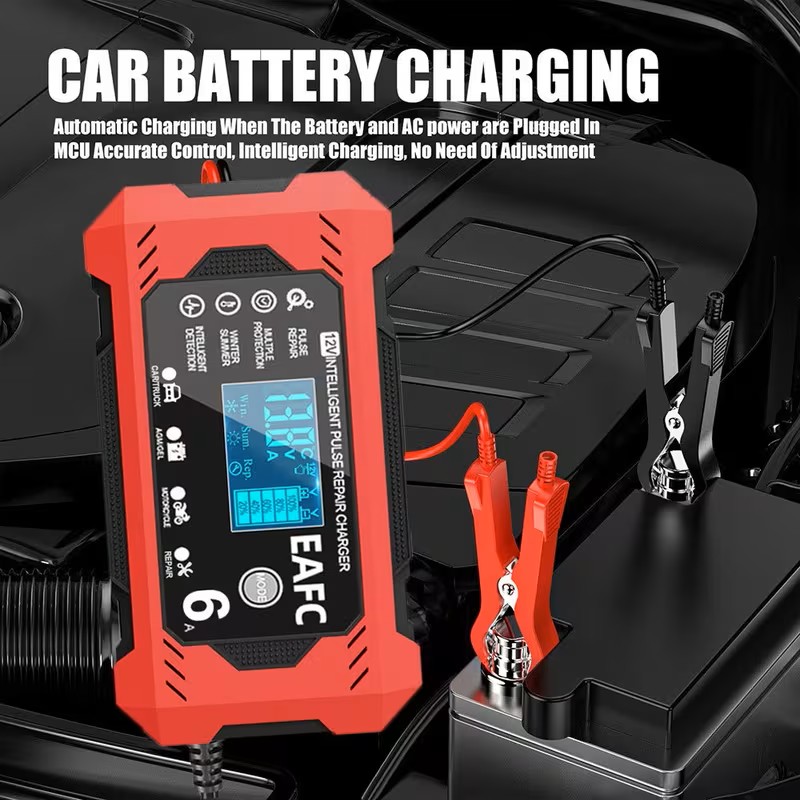 US Plug 12V 6A Smart Battery Charger with LCD Display, Smart Battery Trickle Charger, Temperature Compensation - Battery Maintainer Desulfator, Overcharge & Short Circuit Protection for Car Truck Motorcycle Lawn Mower Marine Lead Acid Charger