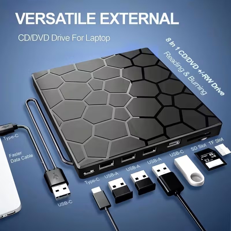 Portable External CD/DVD Drive with 8-In-1 USB 3.0 Capabilities - a High-Speed Type-C Multi-Interface Hub And Burner Designed for Laptops, Desktops, And Mac Computers, Enabling Playback, Burning, And Writing of Cds And Dvds