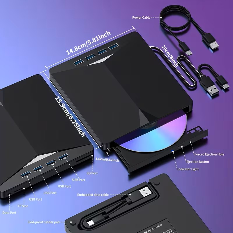 Portable External CD/DVD Drive for Laptops, Featuring a 7-In-1 USB 3.0 DVD Player And Burner, Compatible with Windows 11/10/8/7, Linux, And Mac OS for Both Laptops And Desktop Computers