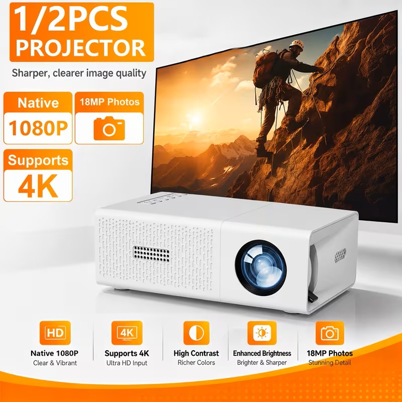 Home Theater Projector Native 1080P QHD Video Recording - 18MP Native Photo Capture; 180ANSI Lumens Brightness; Gaming & Entertainment, Presentations, Movie Projector, Open-air Cinema